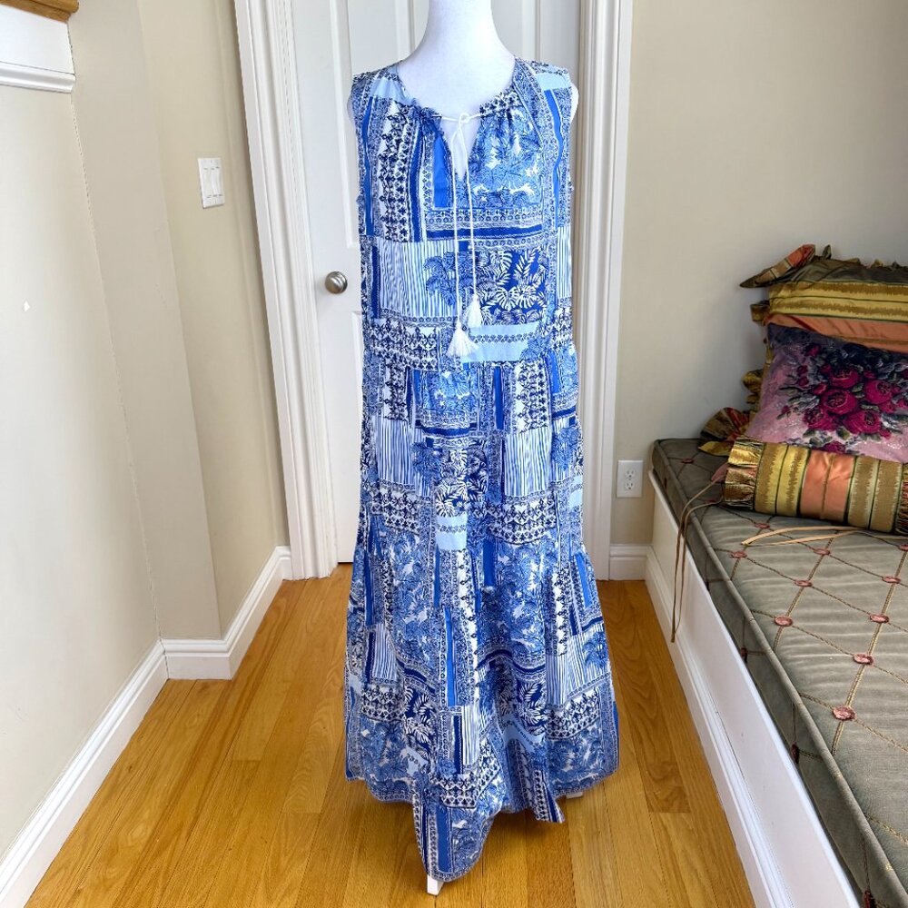 J. McLaughlin Maxi Dress Blue White Tropical Patchwork Cotton Christa (M) - Picture 2 of 8